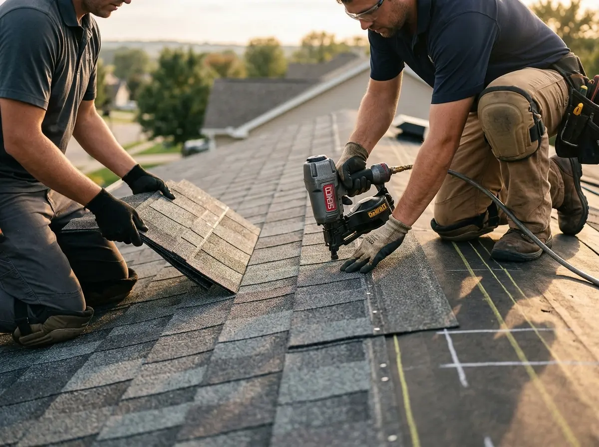 Professional roofer working on a residential roof in New Hartford